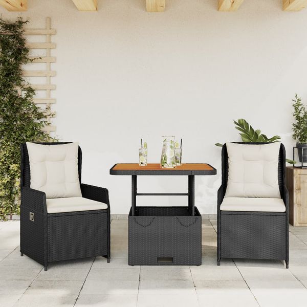 vidaXL 3-dielna bistro súprava s vankúšmi čierna polyratanová
