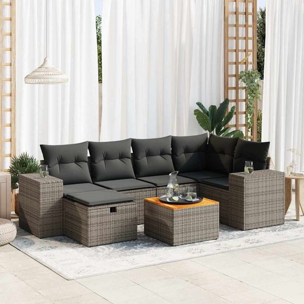 vidaXL 7-dielna záhradná súprava pohoviek s vankúšmi sivá polyratanová