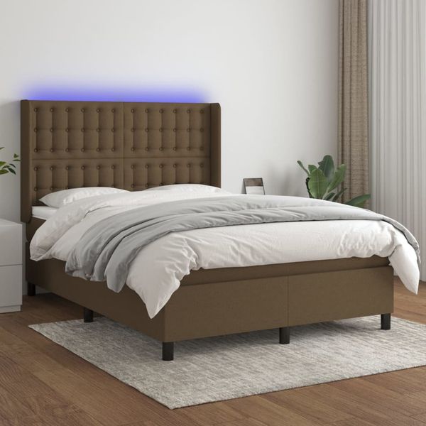 vidaXL Posteľ boxsping s matracom a LED tmavohnedá 140x200 cm látka