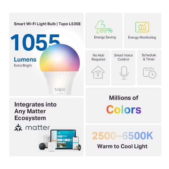 Smart žiarovka TP-Link Tapo L535E E27, 8,7 W, 230 V, cez IP, stmievateľná, 2700 K až 6500 K