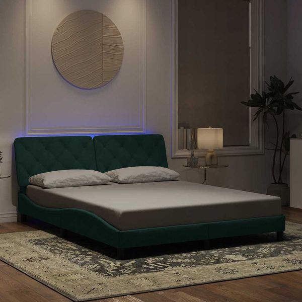 vidaXL Rám postele s LED bez matraca tmavozelený 160x200 cm zamat