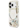 Puzdro Guess Magsafe IML Case Glitter Flowers And Triangle s kovovým rámom fotoaparátu a tlačidlami pre iPhone 17 Pro Max biela