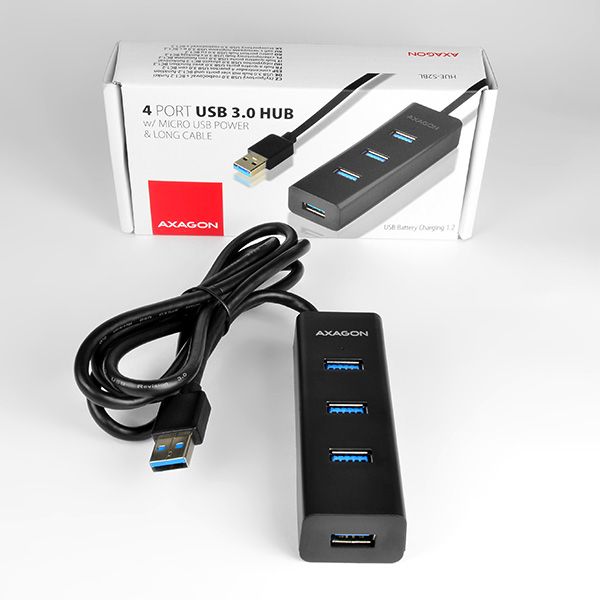 AXAGON HUE-S2BL, 4x USB 3.0 CHARGING hub, micro USB nap. konektor, kábel USB-A 1.2m