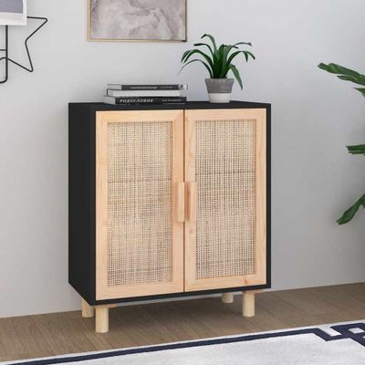 vidaXL Komoda čierna 60x30x70 cm masívna borovica a prírodný ratan