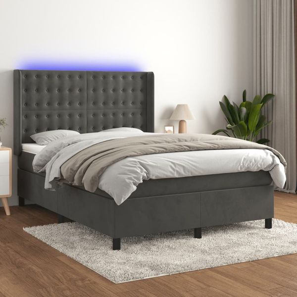 vidaXL Posteľ boxsping s matracom a LED tmavosivá 140x190 cm zamat
