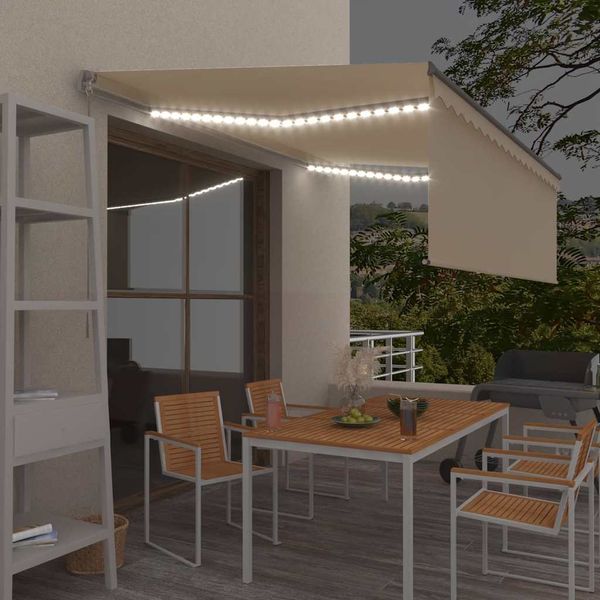 vidaXL Ručne zaťahovacia markíza s tienidlom a LED 4x3 m krémová