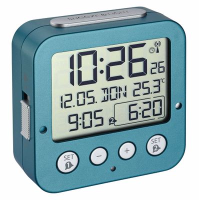 60.2539.20 TFA Digitálny rádiom riadený budík, 2 časy budenia, vnútorná teplota, tyrkysový