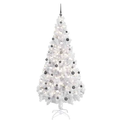 vidaXL Osvetlený umelý vianočný stromček s guľami, biely 180 cm, PVC