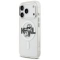 Puzdro Karl Lagerfeld Magsafe IML trblietavé puzdro s kovovým rámom fotoaparátu a tlačidlami a logom Karl a Choupette sketch pre iPhone 17 Pro číra