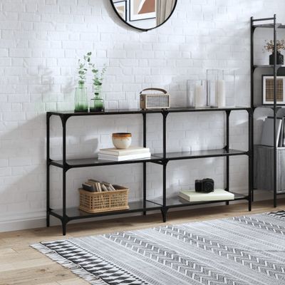 vidaXL Konzolový stolík s čiernou sklenenou doskou 158,5x30x81 cm oceľ