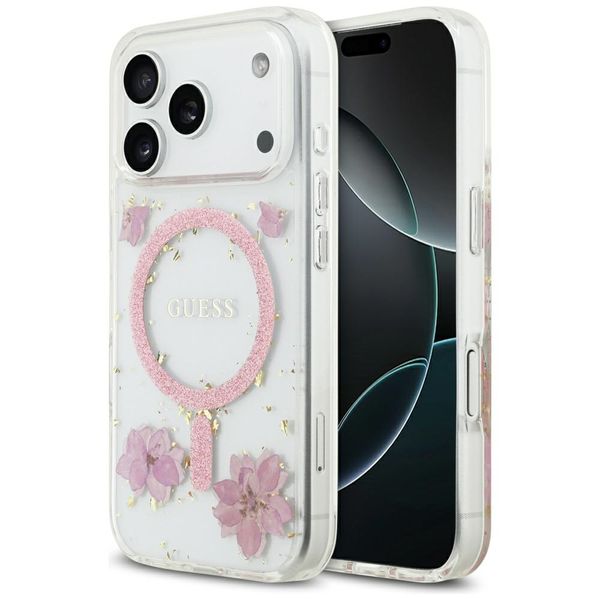 Puzdro Guess Resin Flowers Glitter MagSafe pre iPhone 17 Pro ružové