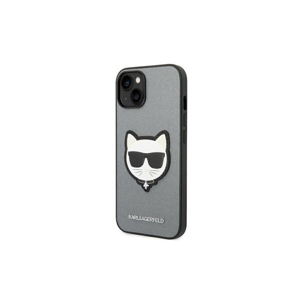 Obal Karl Lagerfeld pre iPhone 14 Plus 6,7" KLHCP14MSAPCHG strieborný PU Saffiano obal s nášivkou Choupette Head Patch