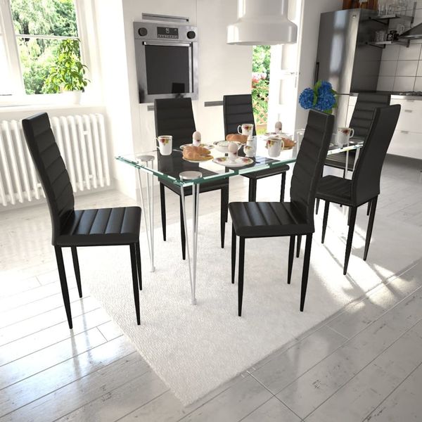Kuchynský set, 6 čiernych stoličiek s úzkymi líniami + 1 sklenený stôl