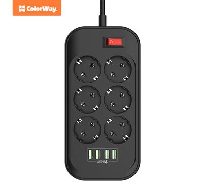 COLORWAY Predlúžovací napájací prívod/ 6x Schuko/ 4x USB 5V / kábel 2m Kábel, predlúžovací, napájací, 6x Schuko zástrčka, 4x USB 2.0 typ A 5V, 2m, čierny