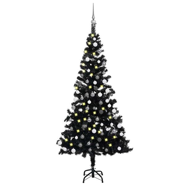 vidaXL Osvetlený umelý vianočný stromček s guľami, čierny 180 cm, PVC