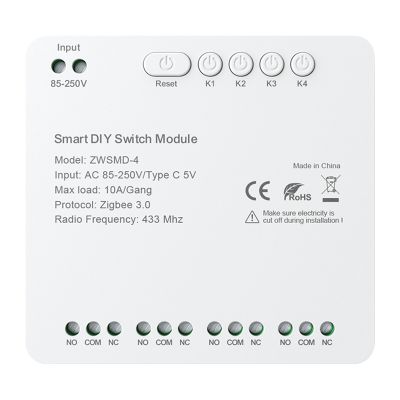 4-kanálový spínací modul ZigBee s beznapäťovým kontaktom DC 32V Avatto ZWSMMD-4-250V
