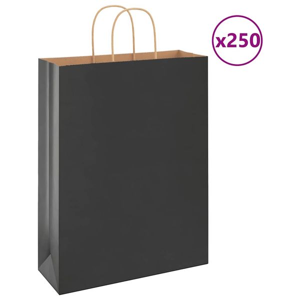 vidaXL Papierové tašky 250 ks s rúčkami, čierna, 32x12x42 cm