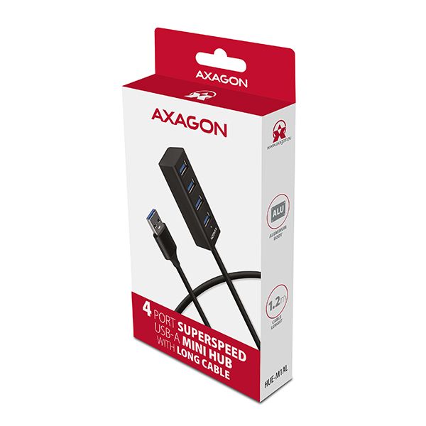 AXAGON HUE-M1AL, 4x USB 3.2 Gen 1 MINI hub, kovový, kabel USB-A 1,2 m USB Hub, externý, 4x USB 3.0, 1,2 m, kovové telo, čierny