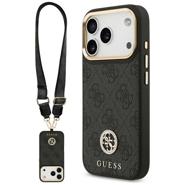 Puzdro Guess 4G Strass Logo & Big Strap Metal Buttons MagSafe pre iPhone 17 Pro čierne