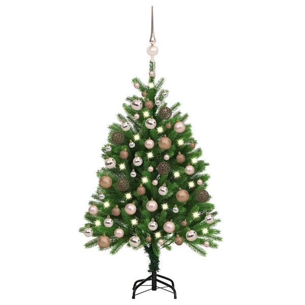 vidaXL Osvetlený umelý vianočný stromček s guľami 120 cm, zelený