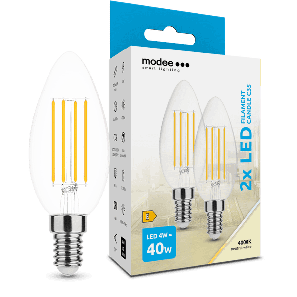 Modee LED Filament žiarovka Candle C35 4W E14, neutrálna biela, 2ks