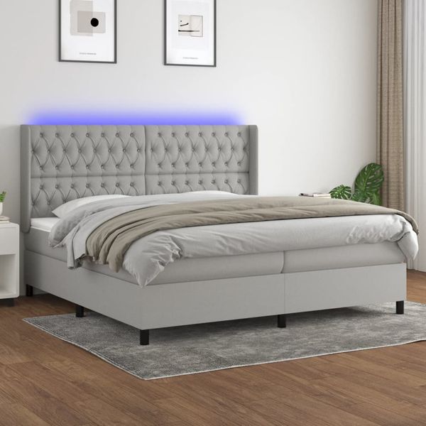vidaXL Posteľ boxsping s matracom a LED bledosivá 200x200 cm látka