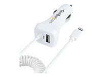 Startech Lightning Car Charger with 1m Coiled Lightning Cable, 12W, White, 2 Port USB Car Charger Adapter for Phones and Tablets, In Car Apple iPhone/iPad Charger w/ Built-in Cord - Dual USB Car Charger (USBLT2PCARW2) - Napájací adaptér do auta - 12 watt - 4,2 A - 2 výstupné konektory (USB, Lightning) - biela