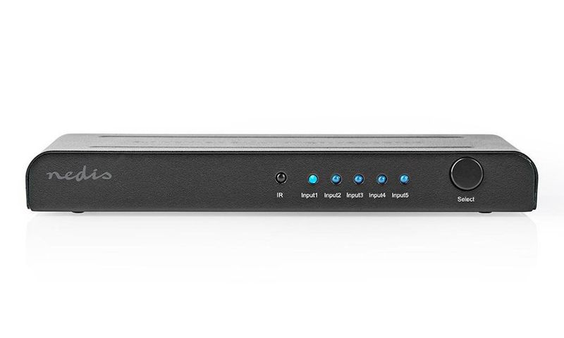 NEDIS HDMI přepínač/ 5x HDMI vstup/ 1x HDMI výstup/ 4K@60Hz/ 18 Gbps/ dálkově ovládané/ kov/ antracit HDMI switch, 5 portu, 4K@60Hz, 18 Gbps, HDCP 2.2, 3D, HDR, dálkové ovládání, kovový, antracitový