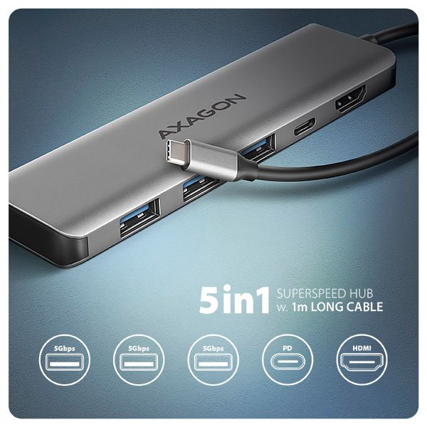 AXAGON HMC-5H, USB 5Gbps hub, 3x USB-A, HDMI 4k/30Hz, PD 100W, kábel USB-C 100cm Dokovacia stanica, USB-C, kompatibilná s Thunderbolt 4, 1× HDMI, 3× USB 3.0, 1× USB-C, Power Delivery 100W