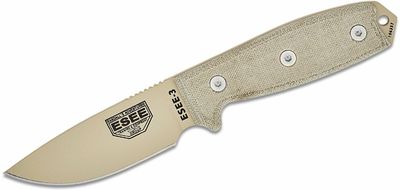 ESEE-3P-MB-DT ESEE univerzálny pevný nôž 9,8cm, pieskovo-hnedá, Micarta, plastové puzdro OD Green