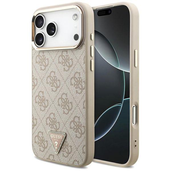 Puzdro Guess Case Magsafe 4G PU Leather s trojuholníkovým logom a zlatým kovovým rámom fotoaparátu pre iPhone 17 Pro Max ružové