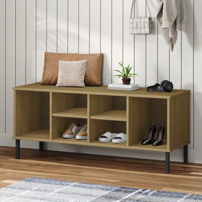 vidaXL Botník s kovovými nohami hnedý 106x35x45 cm masívne drevo OSLO