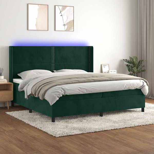 vidaXL Posteľný rám boxsping matrac a LED tmavozelený 200x200 cm zamat