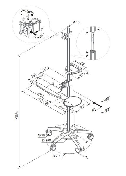Neomounts FPMA-MOBILE1800 / Mobile Workplace Floor Stand (monitor, keyboard/mouse & PC) / Silver Pracovní stanice, stojan, VESA, pojízdná, úhloprícka 10"-27", nosnost 6kg, hliník, stríbrná