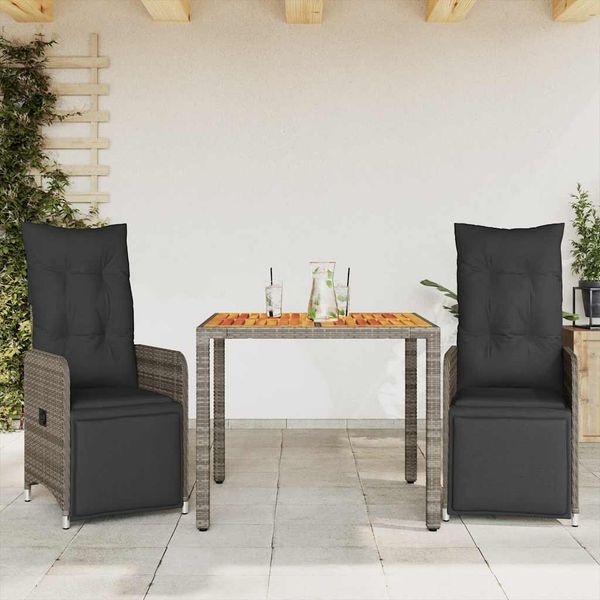 vidaXL 3-dielna záhradná bistro súprava s vankúšmi sivá polyratan