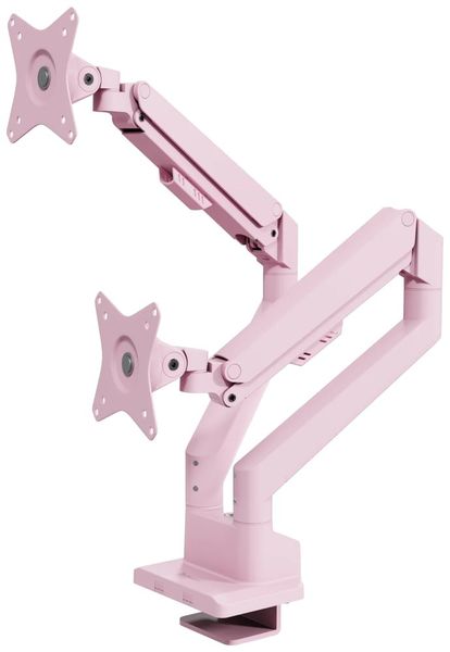 AROZZI ALZARE NEO DUO Pink/ stolní držák pro 2 monitory/ plynový píst/ kovový/ růžový Držák, VESA, stolní, pro 2 monitory, náklon -90°, otácení 180°, rotace 360°, nosnost 18kg (9kg/monitor), ružový