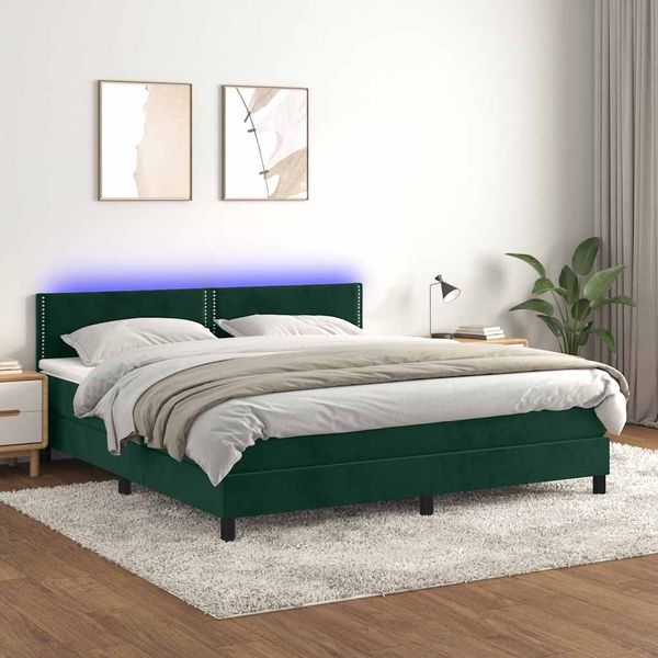vidaXL Posteľný rám boxsping matrac a LED tmavozelený 180x200 cm zamat