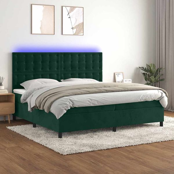 vidaXL Posteľný rám boxsping matrac a LED tmavozelený 200x200 cm zamat