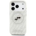 Puzdro Karl Lagerfeld Magsafe IML trblietavé puzdro s kovovým rámom fotoaparátu a tlačidlami, hlavy Karla a Choupette na opakujúcom sa logu KL pre iPhone 17 Pro Max sivé