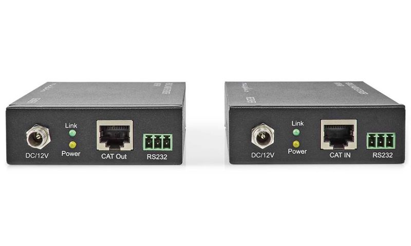 NEDIS HDMI extender/ přes Cat6/ do 60 m/ 4K@60Hz/ 18 Gbps/ HDMI/ LAN/ RS-232/ kov/ antracit Extender, HDMI 2.0, CAT6, vysílac+prijímac, 60m, 4K pri 60Hz, 18Gbps, RS-232, s IR prenosem ovládání, kov, cerný