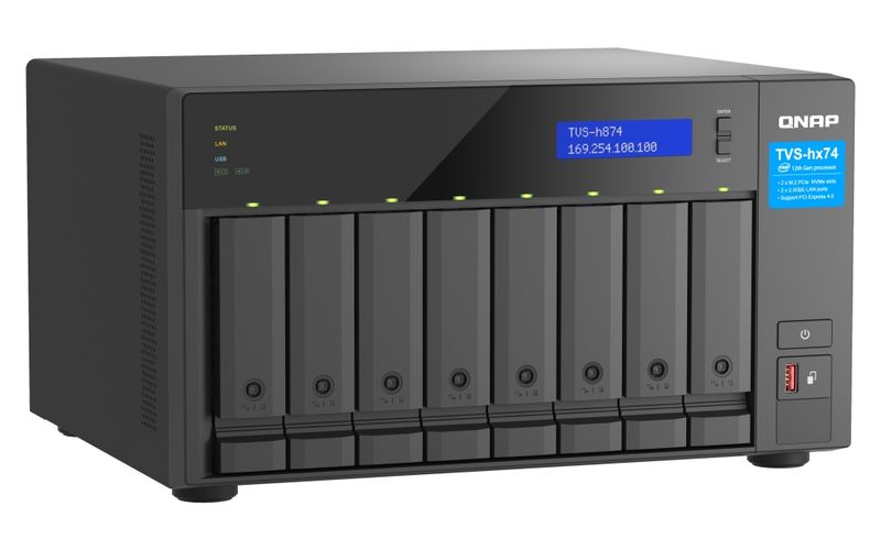 QNAP TVS-h874X-i9-64G (16core (i9), ZFS, 64GB RAM, 8x SATA, 2x M.2 NVMe, 2x PCIe, 2x2,5GbE, 2x10GbE) NAS server, Intel Core i9 16-core, 64GB DDR4, 8× 3.5" SATA, 2× M.2 NVMe, 2× 10GbE, 2× 2.5GbE, PCIe Gen 4, GPU passthrough