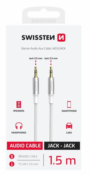 SWISSTEN AUDIO KÁBEL TEXTILE JACK (samec) / JACK (samec) 1,5 M BIELY