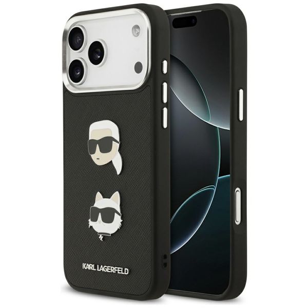 Karl Lagerfeld FW Zrnitý Karl & Choupette hlavičky špendlíky a logo obal pre iPhone 17 Pro Max čierna