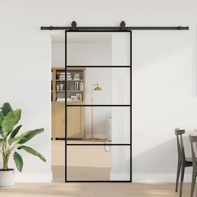vidaXL Posuvné dvere s kovaním čierne 90x205 cm ESG sklo