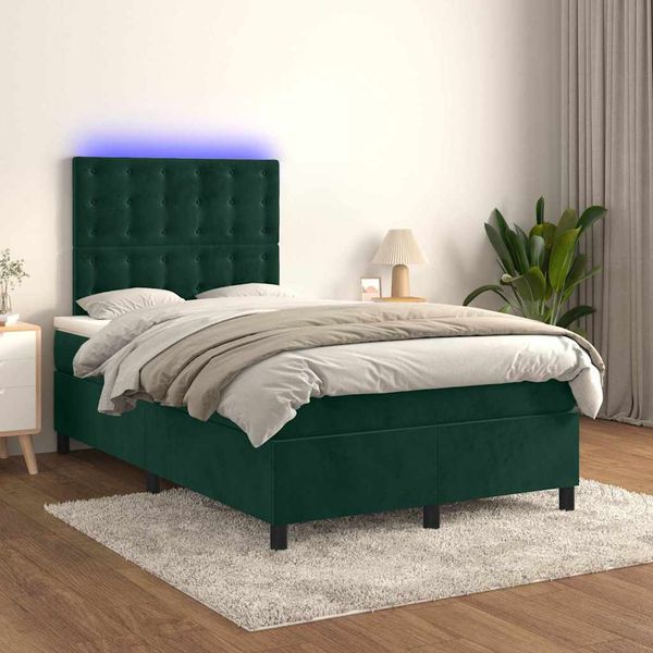 vidaXL Posteľný rám boxsping matrac a LED tmavozelený 120x200 cm zamat