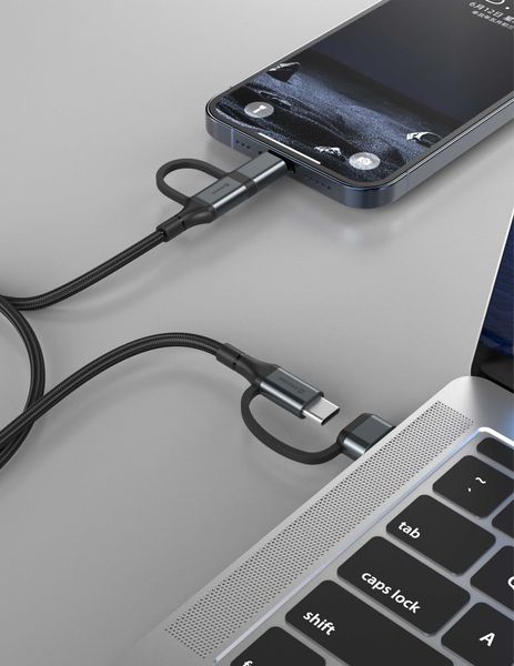 Swissten textilní datový kabel 4in1, 3A, 1,5m černý Kabel, nabíjecí a datový, USB/USB-C na USB-C/Lightning, 3A, opletený, 1,5m, cerný