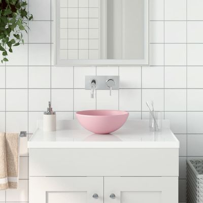 vidaXL Umývadlo do kúpeľne, keramika, matné ružové, okrúhle