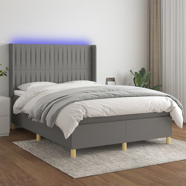 vidaXL Posteľ boxsping s matracom a LED tmavosivá 140x190 cm látka