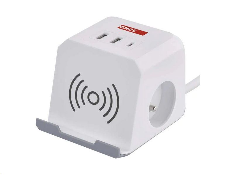 Prodlužovací kabel EMOS P0212CQ - kostka 2 m / 2 zásuvky / bílý / 2×USB-A + 1×USB-C+Qi / 1,5 mm2