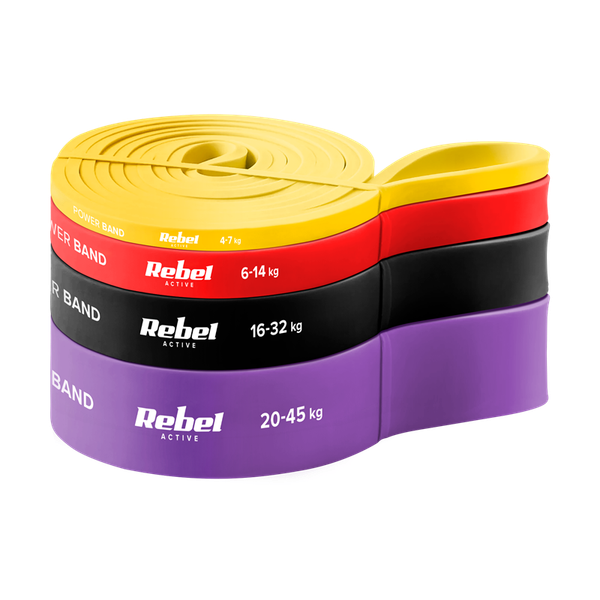 Latexová sada cvičebných pásov - Power Band PLs-2, 4-45 kg, 4 pásy, REBEL ACTIVE